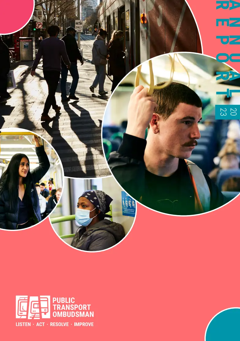 Cover of the Public Transport Ombudsman Annual Report 2023 showing people using trams and trains.