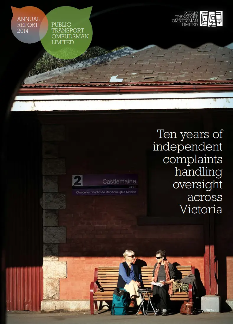 Cover of the Public Transport Ombudsman Annual Report 2014 featuring two older women at Castlemaine station and the text “Ten years of independent complaints handling oversight across Victoria”.
