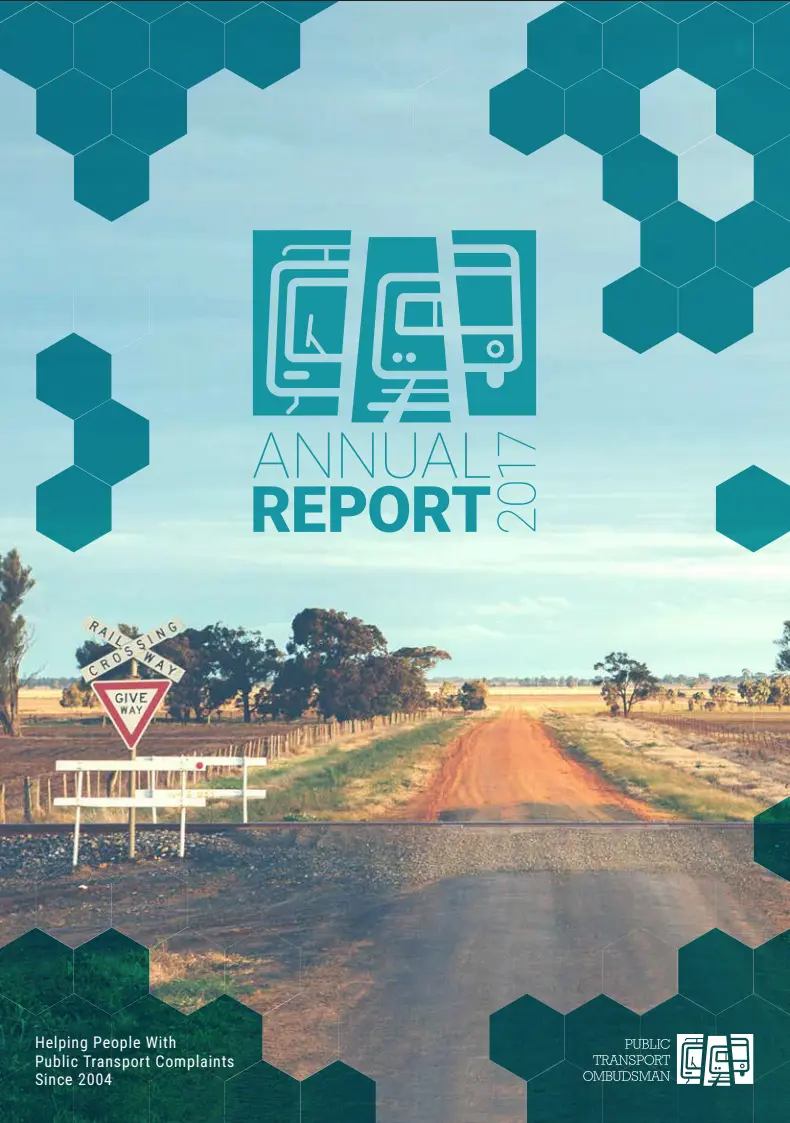 Cover of the Public Transport Ombudsman Annual Report 2017 showing a rural rail crossing and country road.