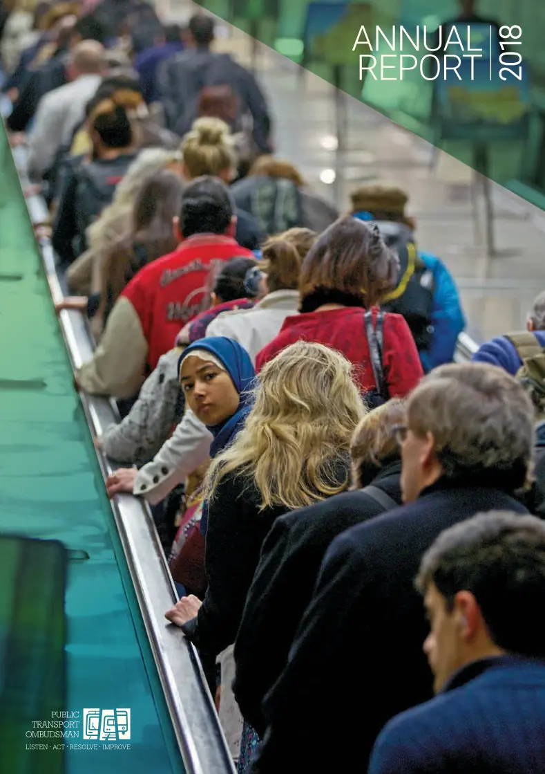 Cover of the Public Transport Ombudsman Annual Report 2018 showing a crowded queue of passengers on a moving walkway.