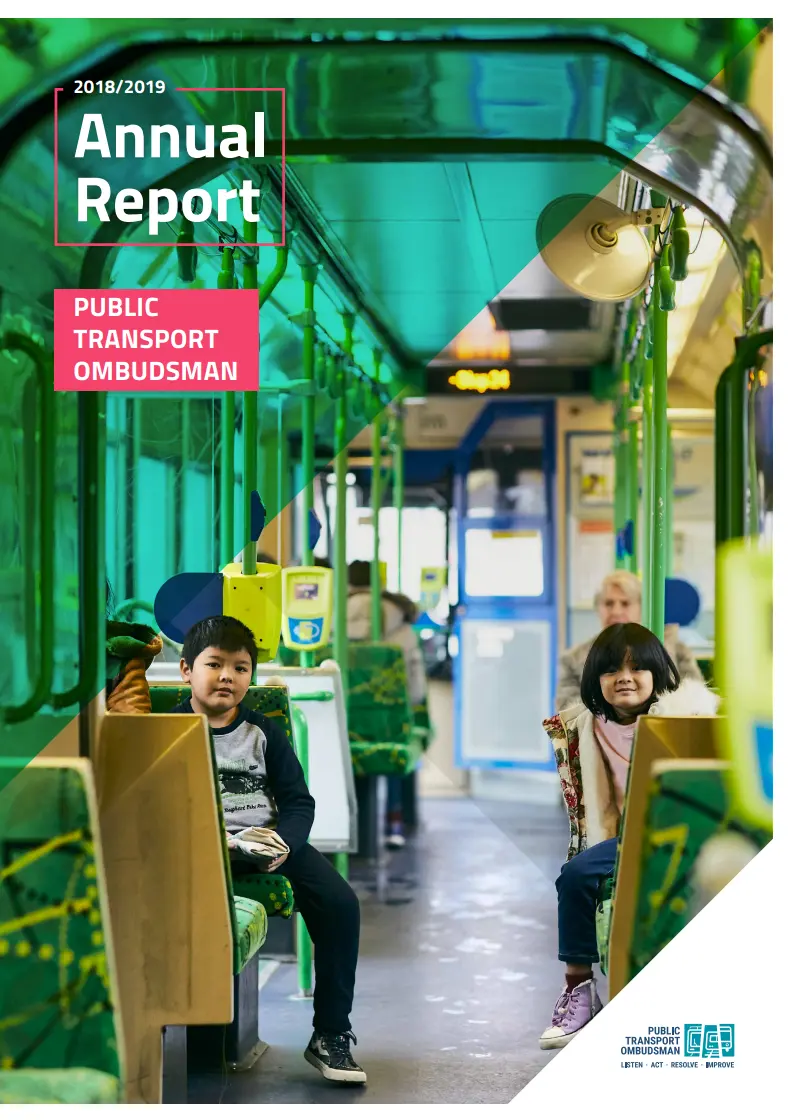 Cover of the Public Transport Ombudsman 2018–2019 Annual Report with children sitting on seats inside a tram.