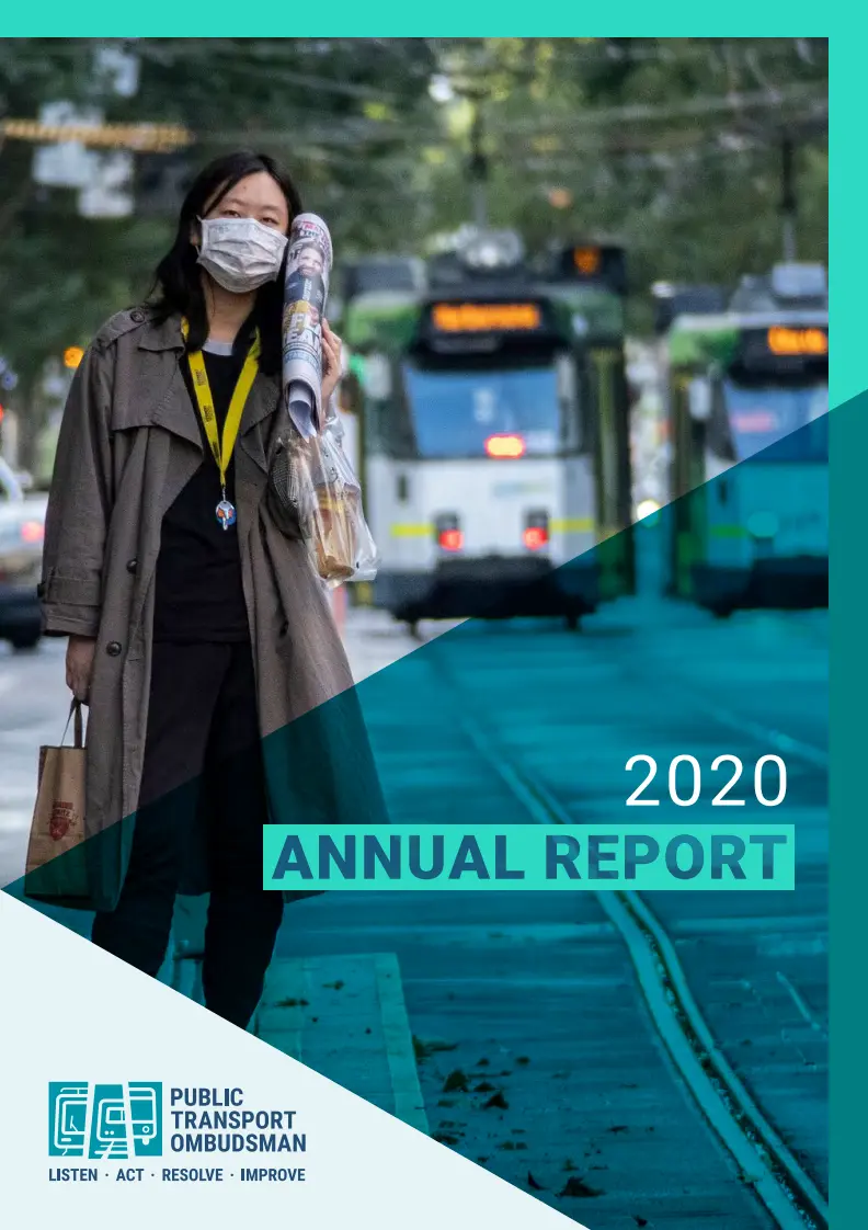 Cover of the Public Transport Ombudsman Annual Report 2020 showing a masked commuter walking along tram tracks in the city.