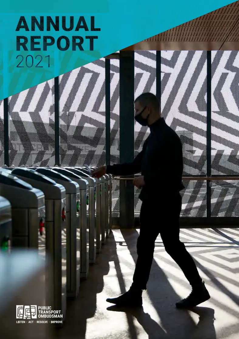 Cover of the Public Transport Ombudsman Annual Report 2021 with a masked commuter touching on at ticket gates.