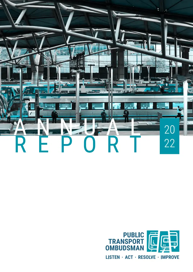Cover of the Public Transport Ombudsman Annual Report 2022 featuring platforms and trains at Southern Cross Station.