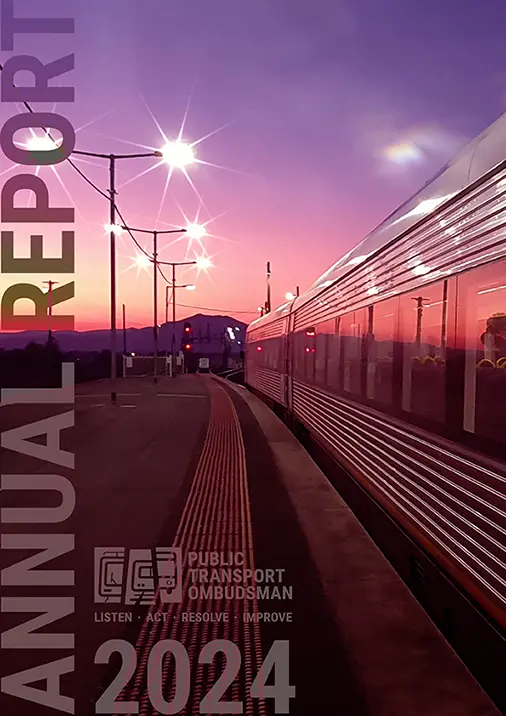 Cover of the Public Transport Ombudsman Annual Report 2024 showing a train at a platform at sunset.