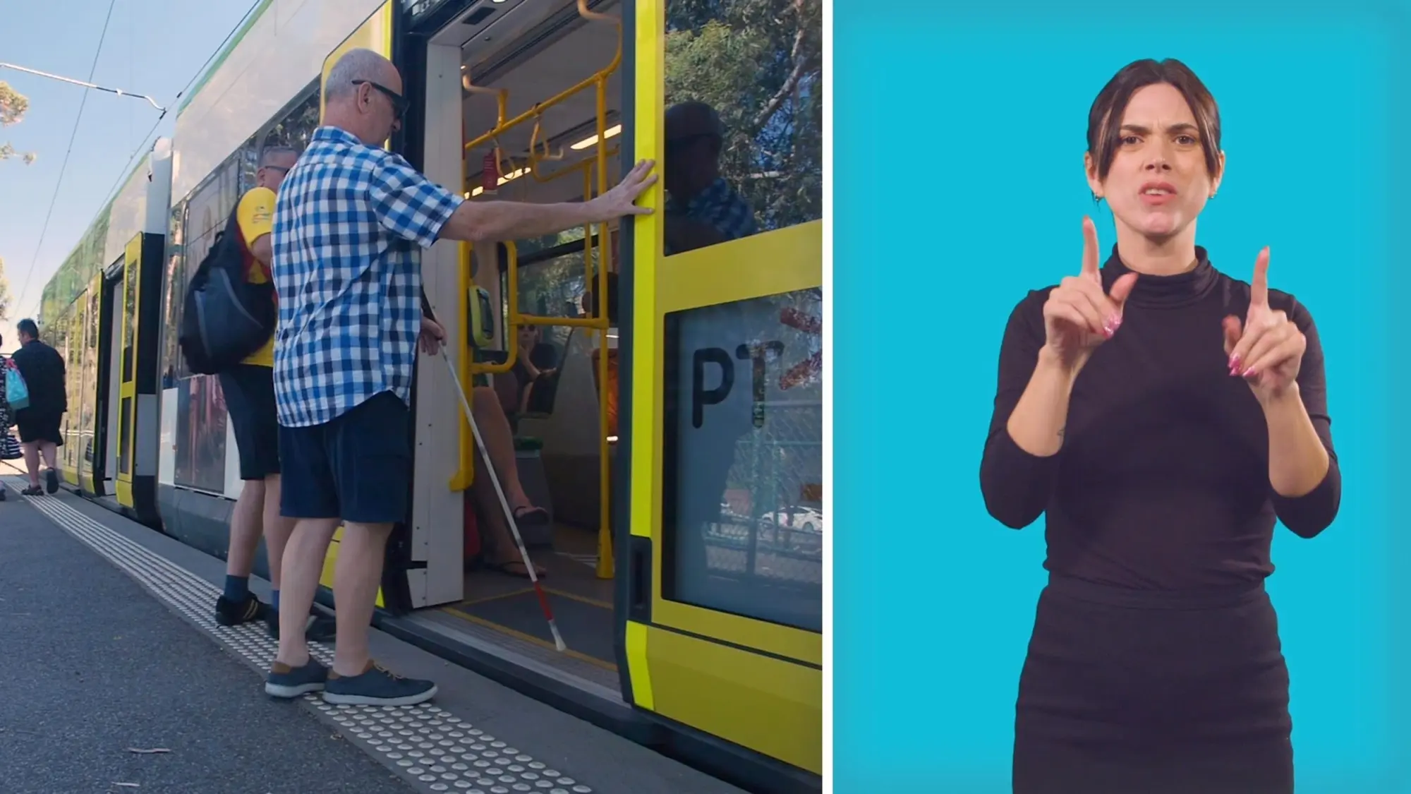 On the left, is a photo of a man with a cane boarding a yellow tram, while an Auslan (Australian Sign Language) interpreter signs against a blue backdrop on the right. This is a screengrab from new spoken word and Auslan video that explains the Public Transport Ombudsman services.