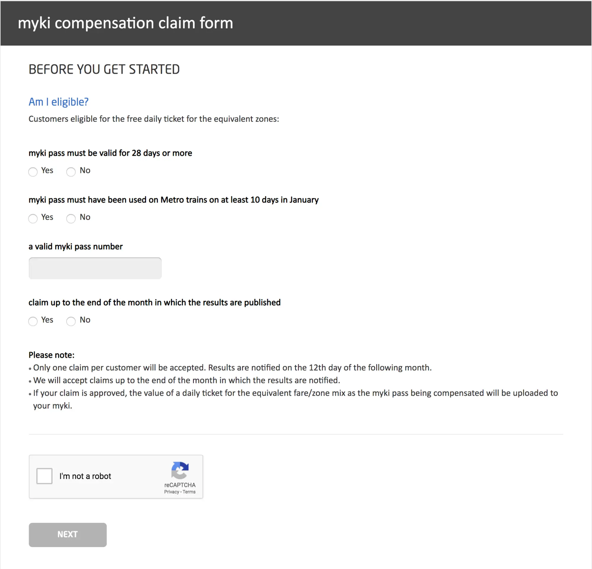 A screenshot of the Myki Compensation Claim Form on the Metro Trains website, showing questions about eligibility, Myki pass number, and claim details.