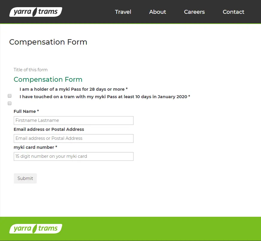 A screenshot of the Yarra Trams compensation form, with fields for name, email or postal address, and Myki card number, along with checkboxes for eligibility requirements.