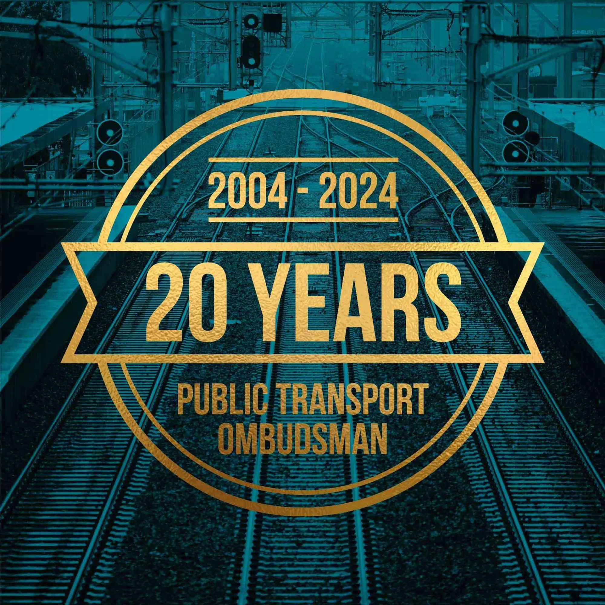 Graphic showing a railway track background with a gold circular emblem that reads ‘2004–2024, 20 Years, Public Transport Ombudsman.